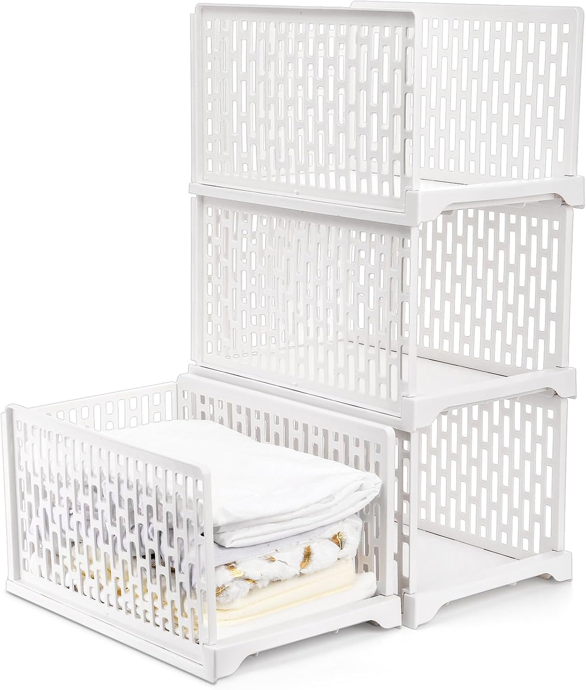 AVLA 4 Pack 38" Stackable Plastic Storage Basket, Plastic Foldable Closet Organizer Storage Bins, Wardrobe Storage Box Clothes Drawer Shelf Container for Cupboard Bedroom Dorm Bathroom Kitchen Office