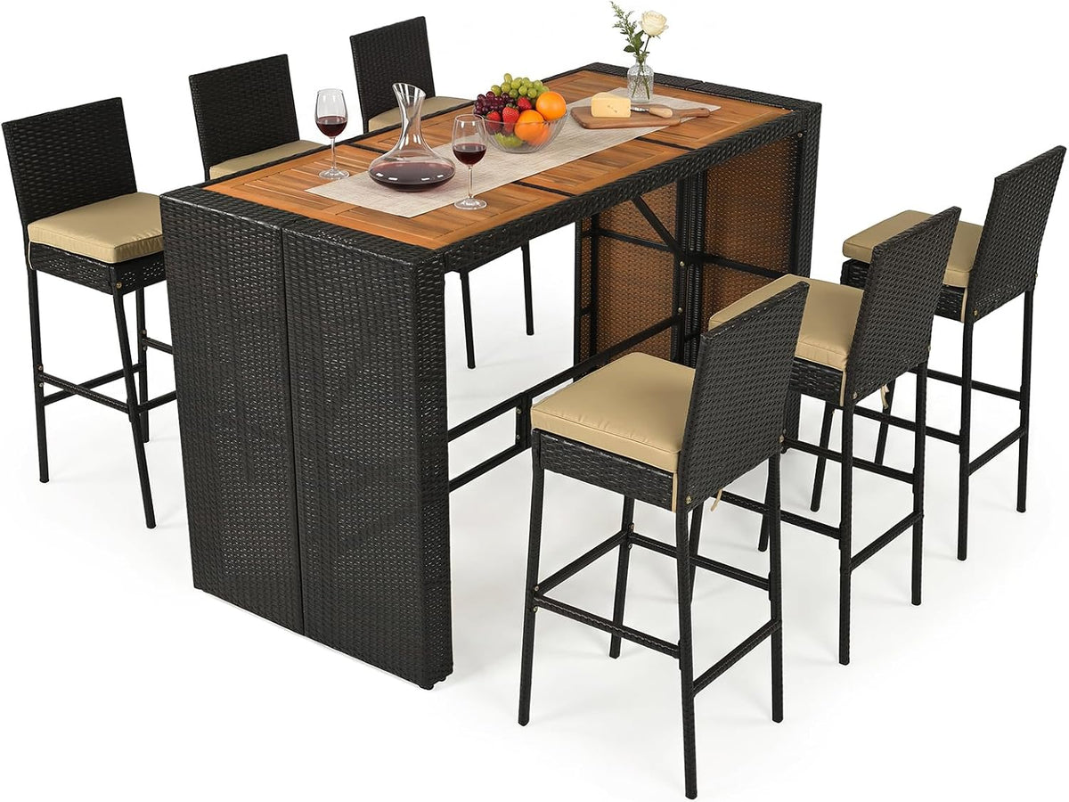 RELAX4LIFE 5-Piece Outdoor Bar Set - Wicker Rattan Bar Height Dining Table w/Acacia Wood Top 4 Bar Stools Chairs Seat Cushions Backrest Footrest Outside Patio Bistro Set for Backyard (Brown, 7-Piece)