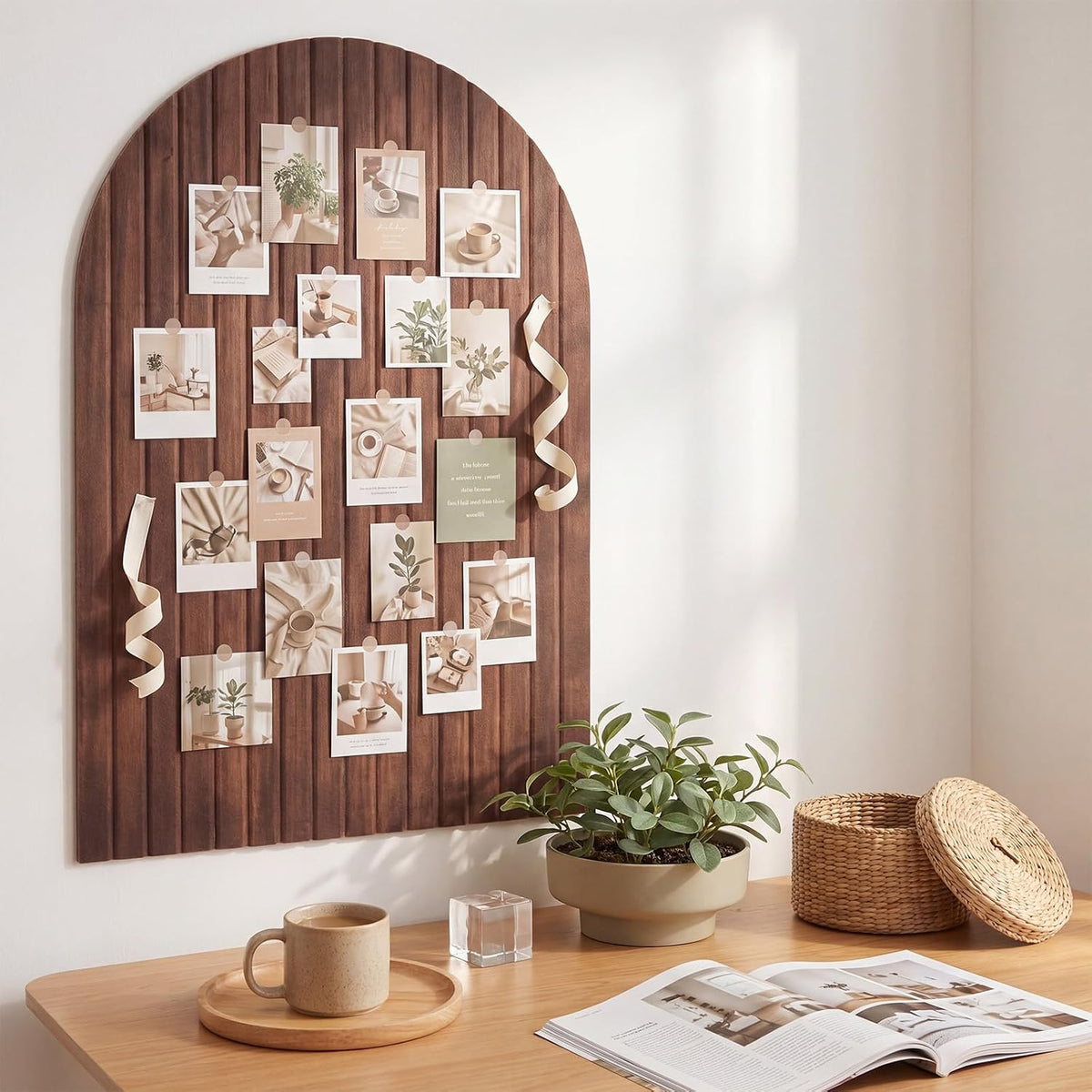 Mindsoft 35" x 24" Integrated Arched Felt Bulletin Board, Walnut Wood Color