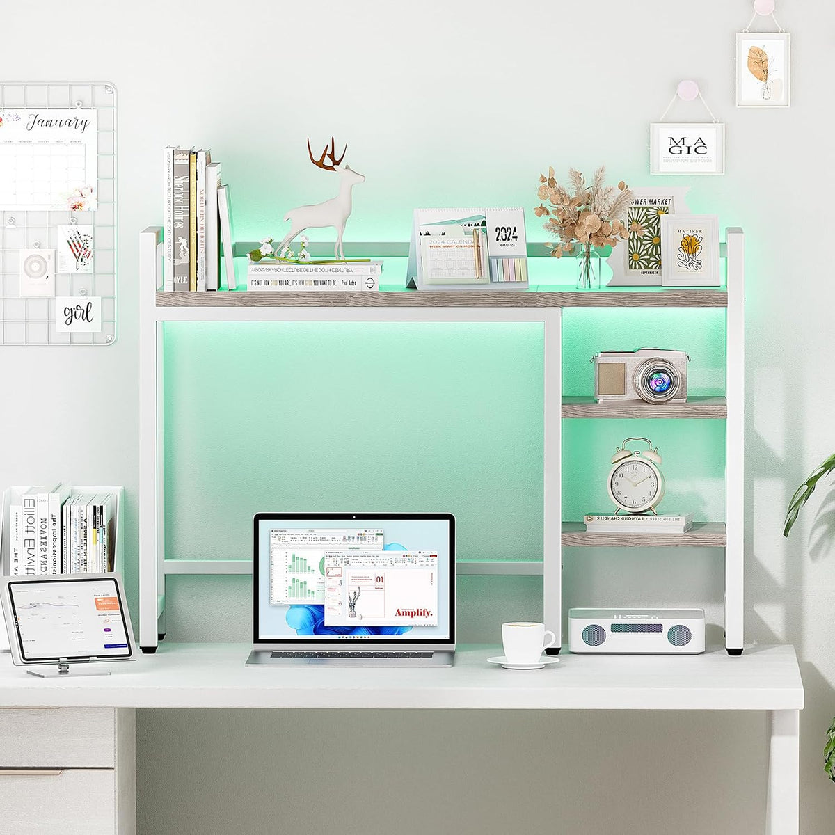 Desk Hutch with Colorful RGB Lights, 4 Tier Desktop Shelf for Max 28" Computer Monitor, Desk Organizer Shelf for Tidy Storage Display, Desktop Bookshelf for Home, Office, Dorm, Gaming Table, Kitchen