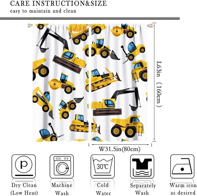 Kids Construction Equipment Window Curtains, Excavator Tractor Tow Truck Rod