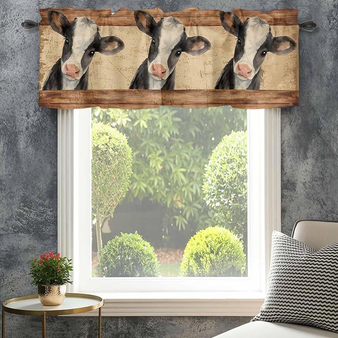 Farmhouse Cow Curtain Valances for Windows, Kitchen Valance Window Treatment