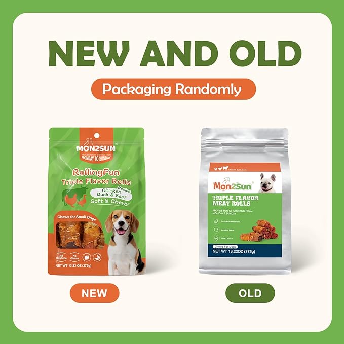 MON2SUN Rawhide Free Dog Treats, 3 Inch Triple Flavor Chicken Wrapped Duck and Beef Rolls for Small Dogs, Healthy Snacks, 13.23oz
