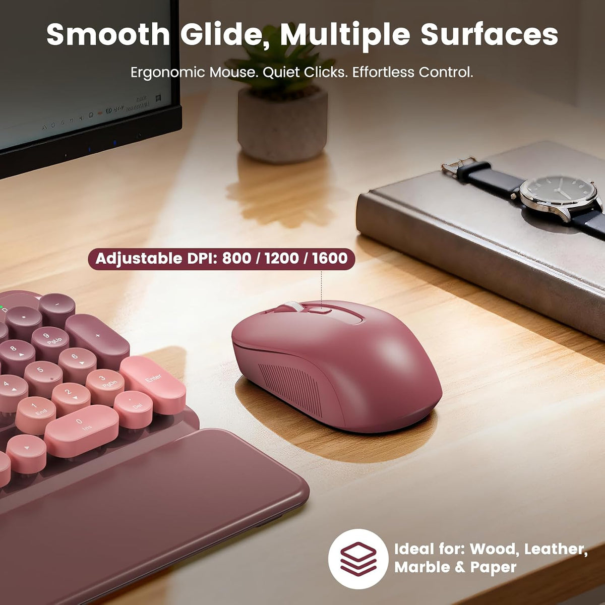 Wireless Keyboard and Mouse Combo, Cute Retro Typewriter Keyboard with Round Keycaps, Magnetic Wrist Rest, Full-Size Aesthetic Design, 2.4GHz Wireless for Mac, Windows PC, SABLUTE CK23, Pink Gradient