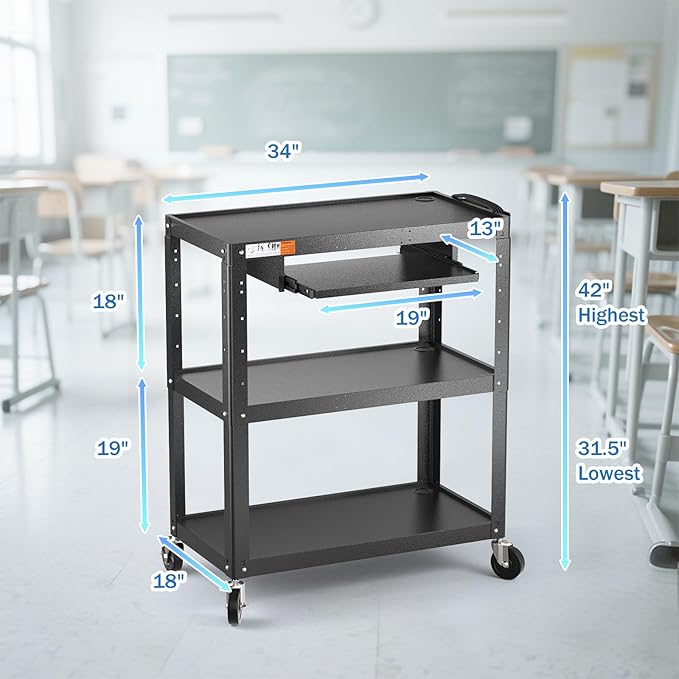 Extra Large Rolling Computer Cart with Power Strip - 3 Tier Steel Utility AV Cart with Wheels - Height Adjustable Mobile Workstation Media Carts for Presentation Office Classroom, 34" x 18" x 42"