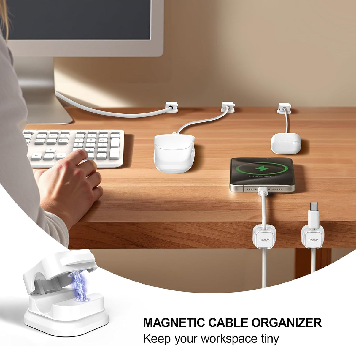 36 Pack Magnetic Cable Clip Organizer Cord Holder, Picozon Adhesive Cable Management, Wire Phone USB Charger Cable Holder, Keeper Organizer for Office Home Desktop Table - White