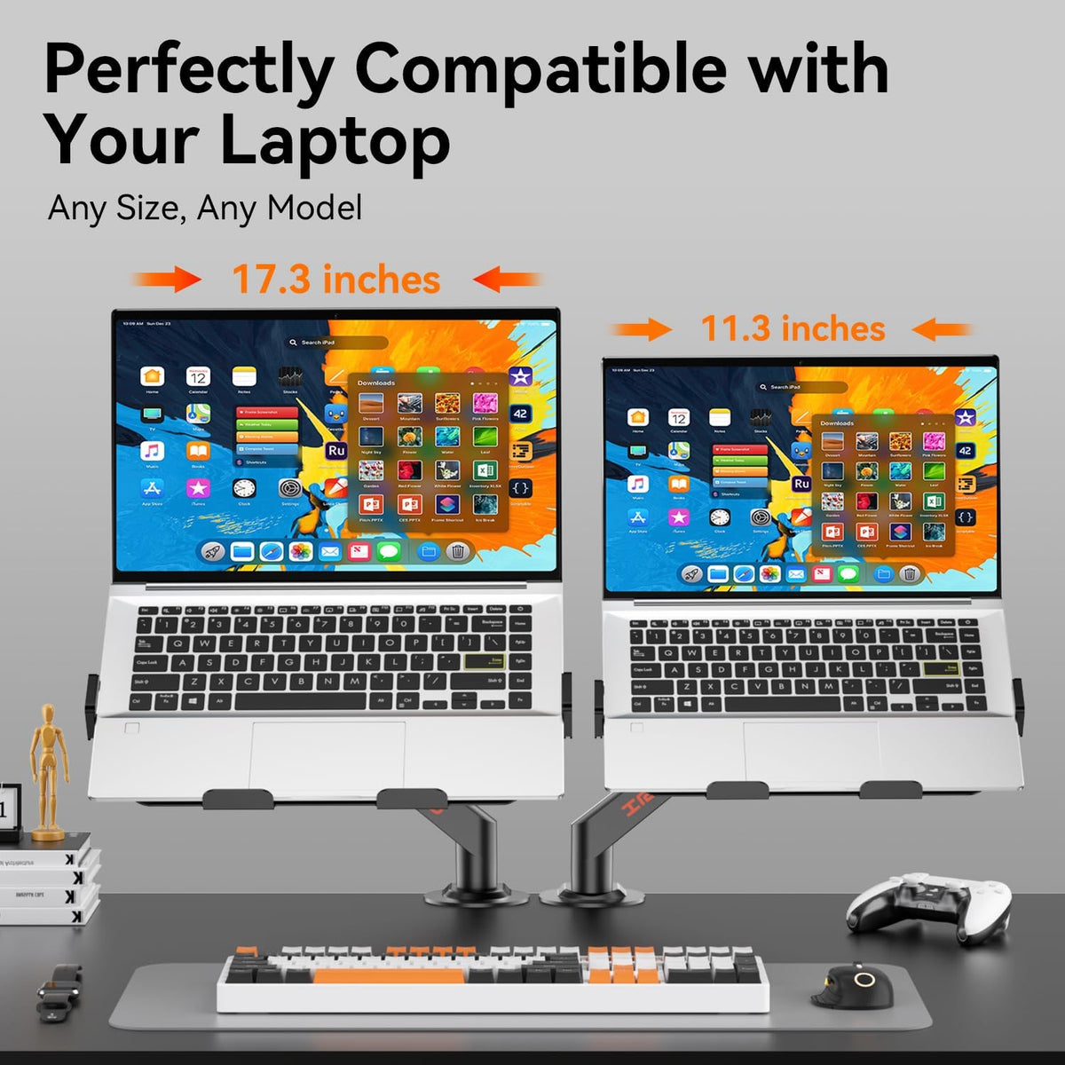 JINRAIKO Laptop Mount for Desk (11.3"-17.3"), 360° Rotating Foldable Laptops Arm Mount with Gas Spring, Heavy Duty Aluminum Adjustable Laptop Stand with Clamp/Grommet (White)