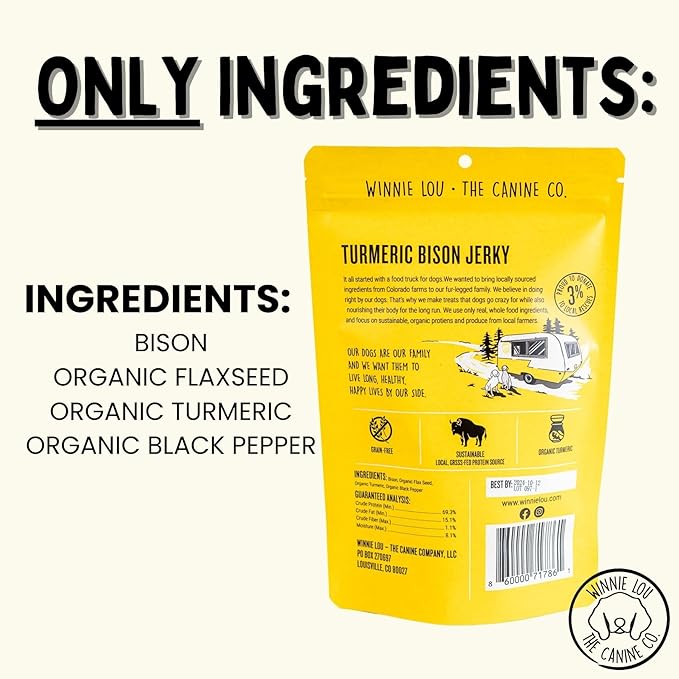 Winnie Lou Turmeric Bison Jerky Dog Treats – Limited Ingredient, Human Grade, Training Treats for Small, Medium & Large Dogs, USA Made, High Protein, Chews, Hypoallergenic, Sensative Stomach (1 Pack)
