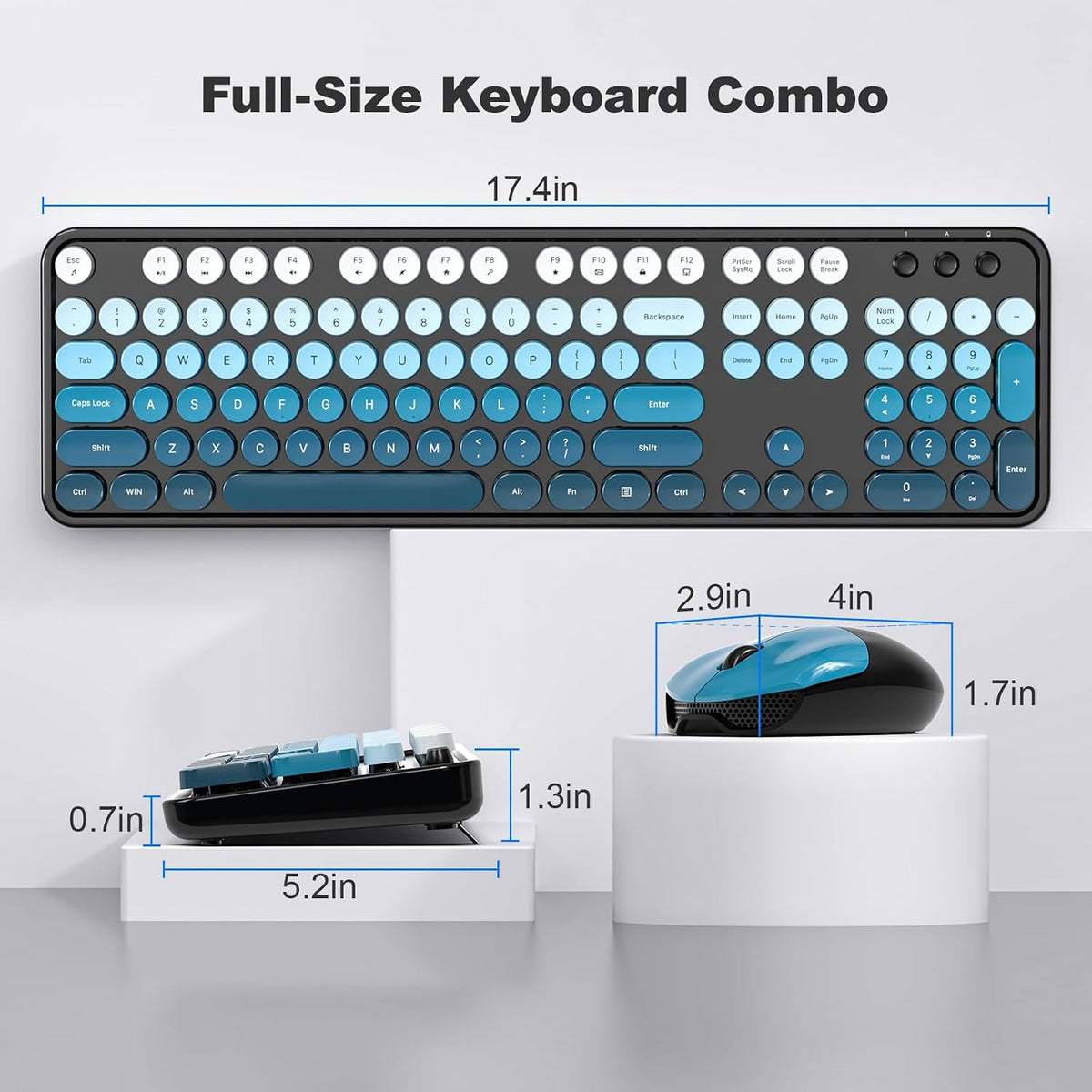 MOFII Wireless Keyboard and Mouse Combo, 2.4GHz Retro Typewriter Keyboard Full Size, Cute Wireless Mice, USB Dongle Plug and Play, for Laptop, PC, Desktop, Windows (Black Blue Gradient Color)