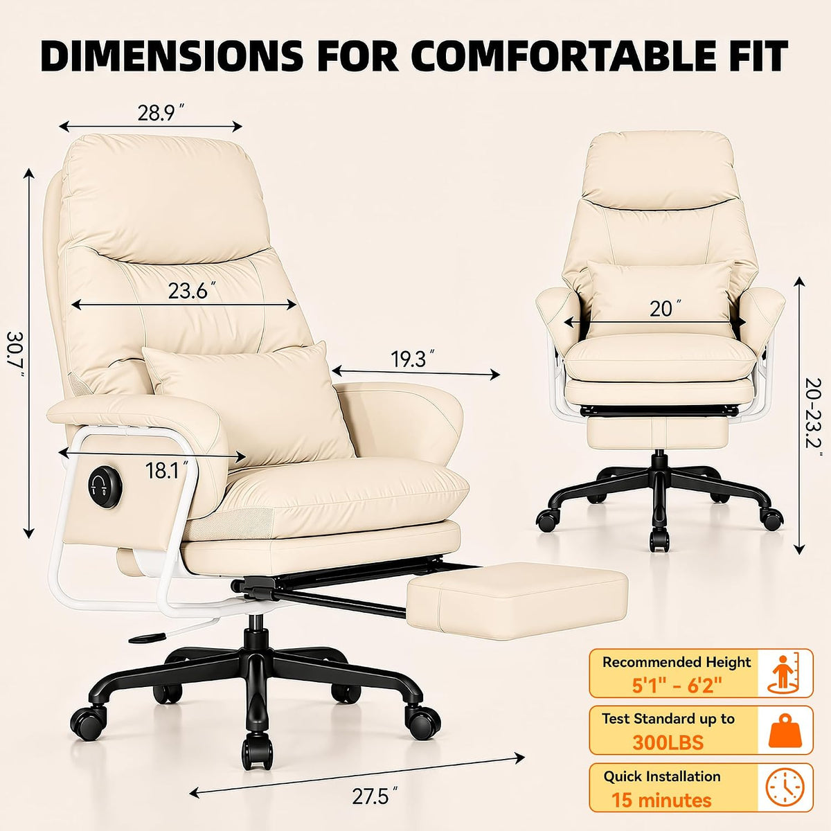 180° Reclining Office Chair with Footrest, PU Leather, Beige