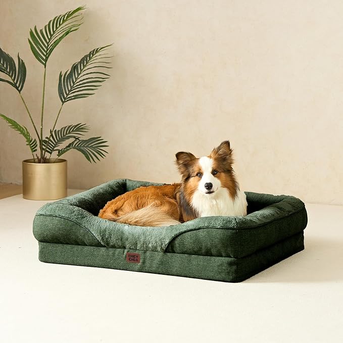 EHEYCIGA Orthopedic Dog Bed for Medium Dog, 35x22x6.5 Inch Memory Foam Dog Couch Bed with Sides, Waterproof Liner & Washable Removable Cover, Bolster Pet Sofa, Dark Green