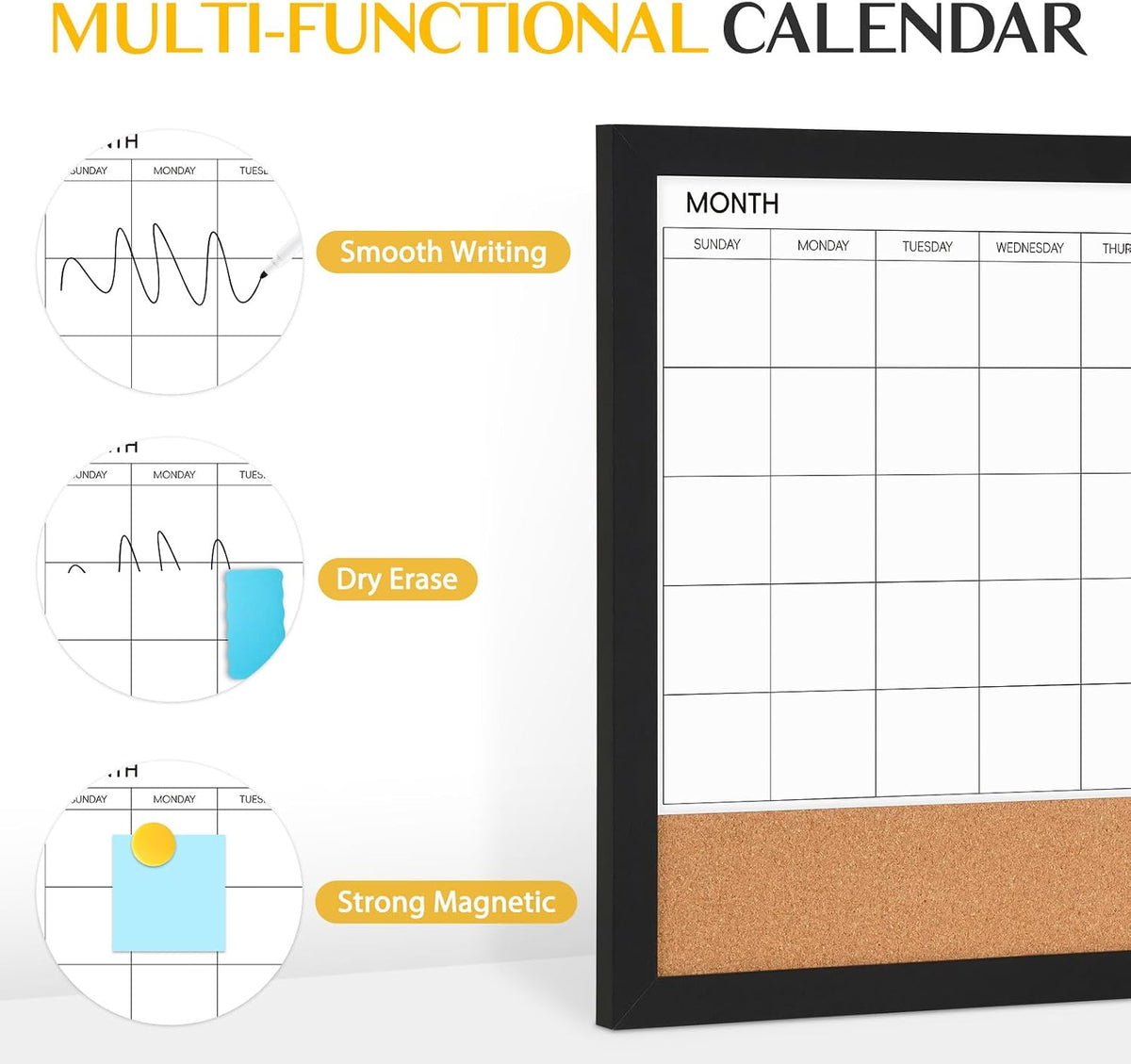 Calendar Whiteboard for Wall, 36" x 24" Dry Erase Monthly Cork White Board