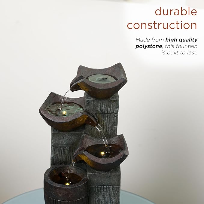 Alpine Corporation TZL414 14" 4 Tier Squared Bowls Fountain with LED Lights, Elegant Tabletop Water Feature for Home, Office, Living Room, Bedroom & Desk Decor, Gray