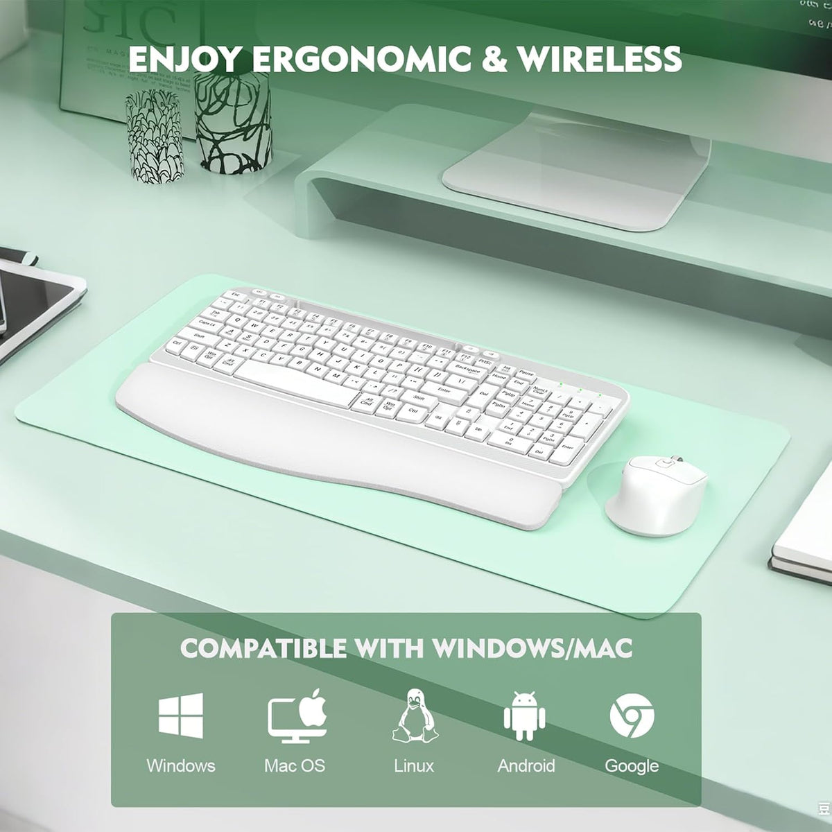 Wireless Keyboard and Mouse Combo, Full-Sized Ergonomic Wave Keys Keyboard with Memory Foam Wrist Rest & Phone Holder, 2.4G Quiet Keyboard Mouse Work Setup for PC Laptop, Office or Home (White)
