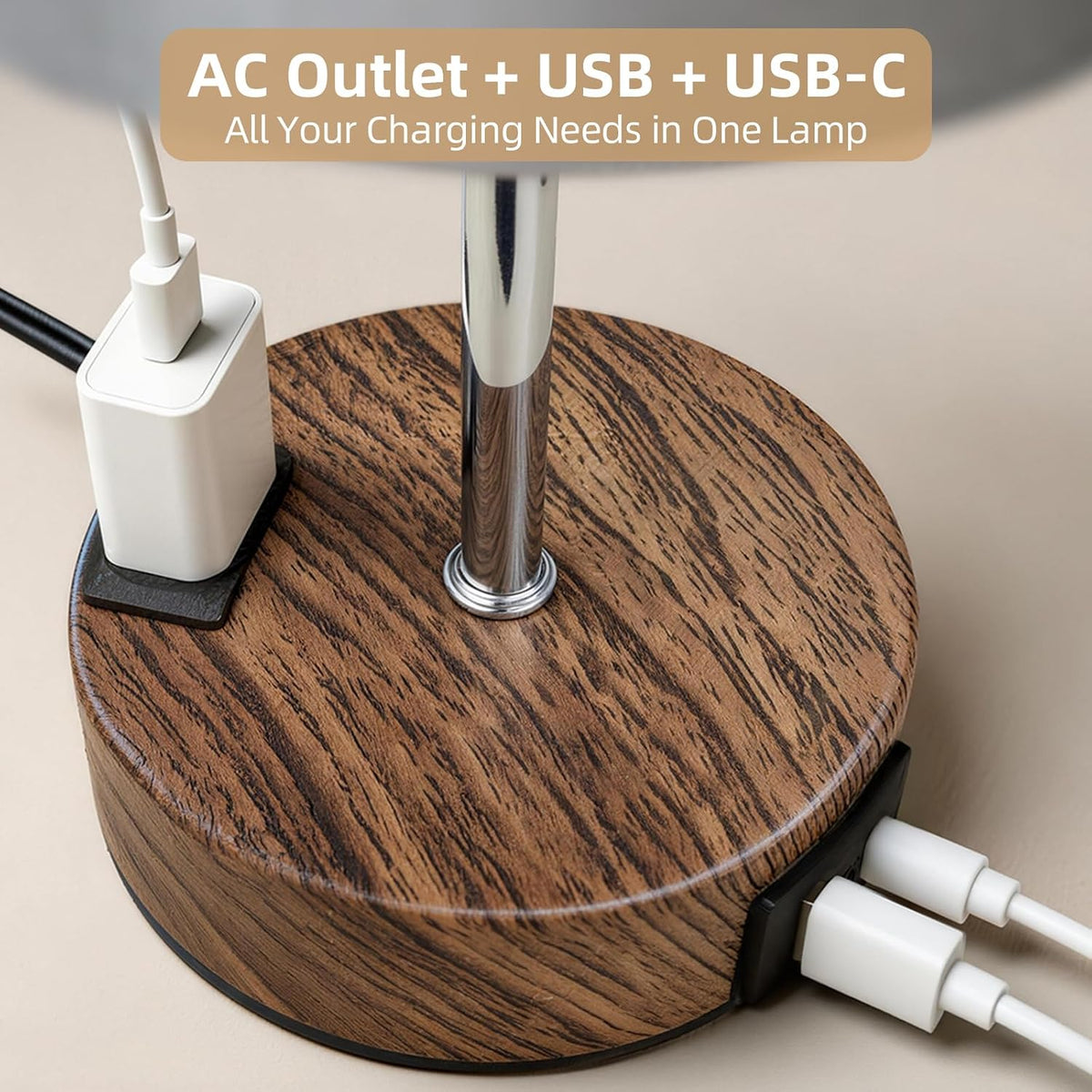 Table Lamp, Dimmable Touch, AC Outlet, USB A+C (Grey&Walnut)