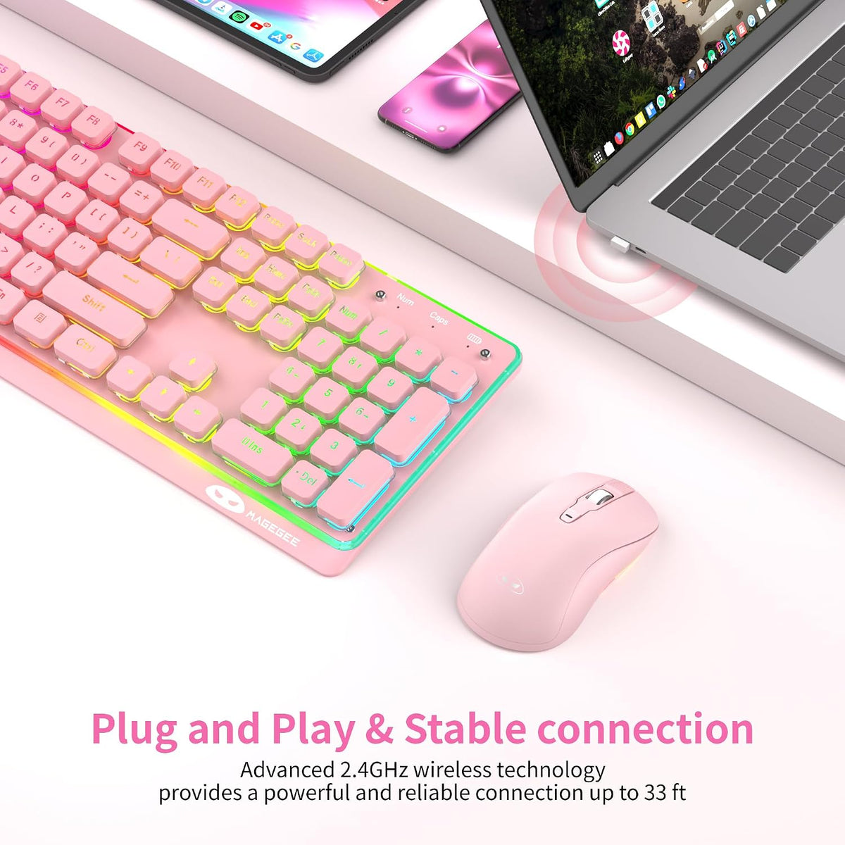 MAGEGEE Wireless Keyboard and Mouse Combo, 2.4G Full Size RGB Keyboard with 104 Keys, Rechargeable Wireless Mouse with 3 DPI, Ergonomic Computer Keyboard and Mouse Set for Windows Mac Laptop PC