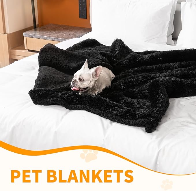 Calming Fleece Cat Blankets Black Waterproof Pets Blanket for Dogs Reversible Long Faux Fur Puppy Throw Blankets(Black,L)