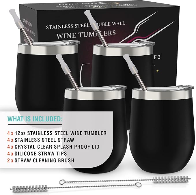 CHILLOUT LIFE 12 oz Stainless Steel Wine Tumblers 4 Pack