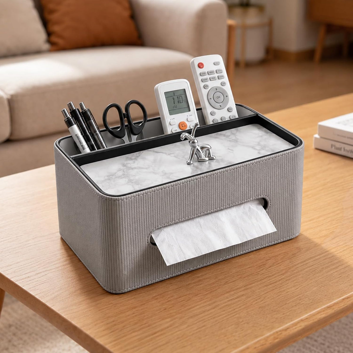 PU Leather Rectangle Tissue Box Cover with Storage Organizer, Gray