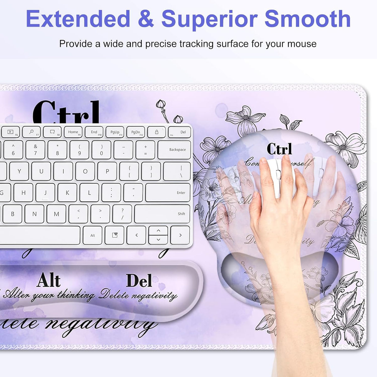 Mouse Pad, 4 in1 Large Desk Mat, Desk Pad Matt for Desktop, Anti-Slip XXL Big Computer Ergonomic Mousepad with Wrist Support for Keyboard and Mouse for Women I Purple Positive Quotes