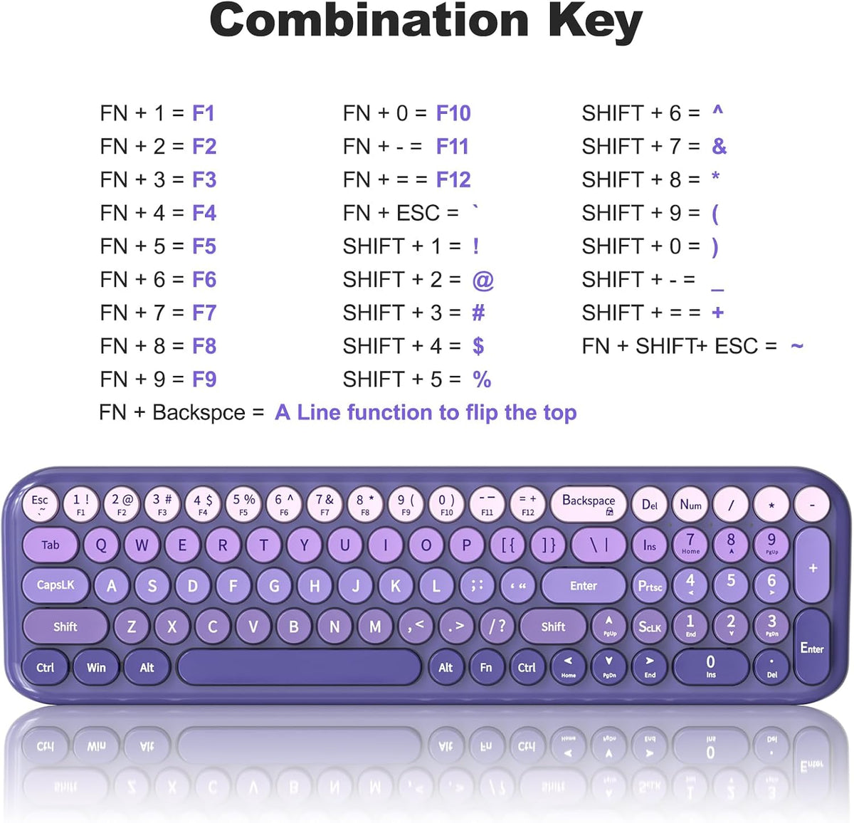 Wireless Keyboard and Mouse Combo, MOWUX Compact Typewriter Retro Round Computer Keyboard, Cute Optical Mouse Wireless, Plug and Play, for Laptop, PC, Computer- Purple Gradient