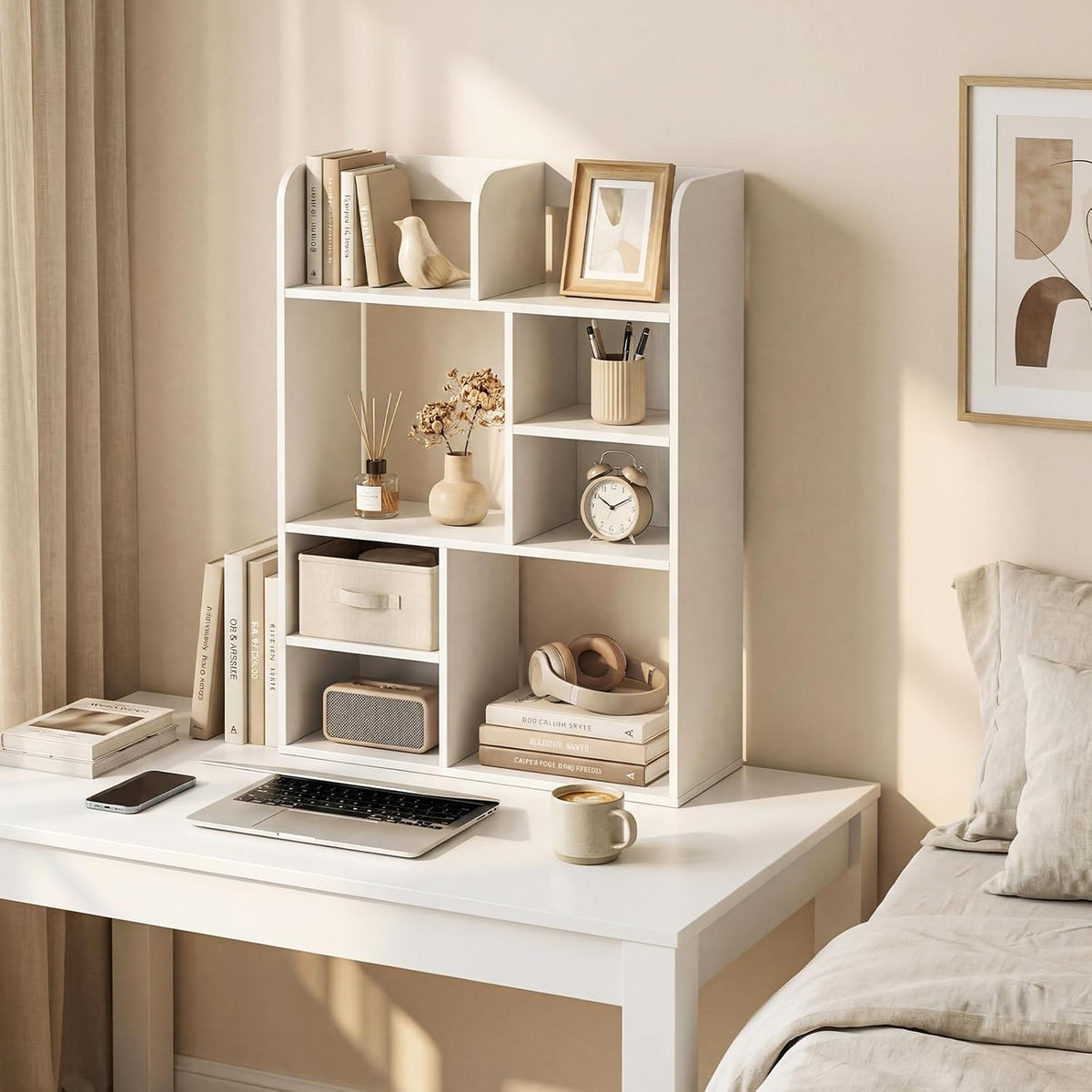 GIANTEX 3-Tier Desktop Bookshelf, 23.5" Desk Hutch Dorm with 8 Open Storage Cubes, Desk Organizer Shelf for Computer Desk, White Desk Shelves for Home Office College Dressing Tabletop