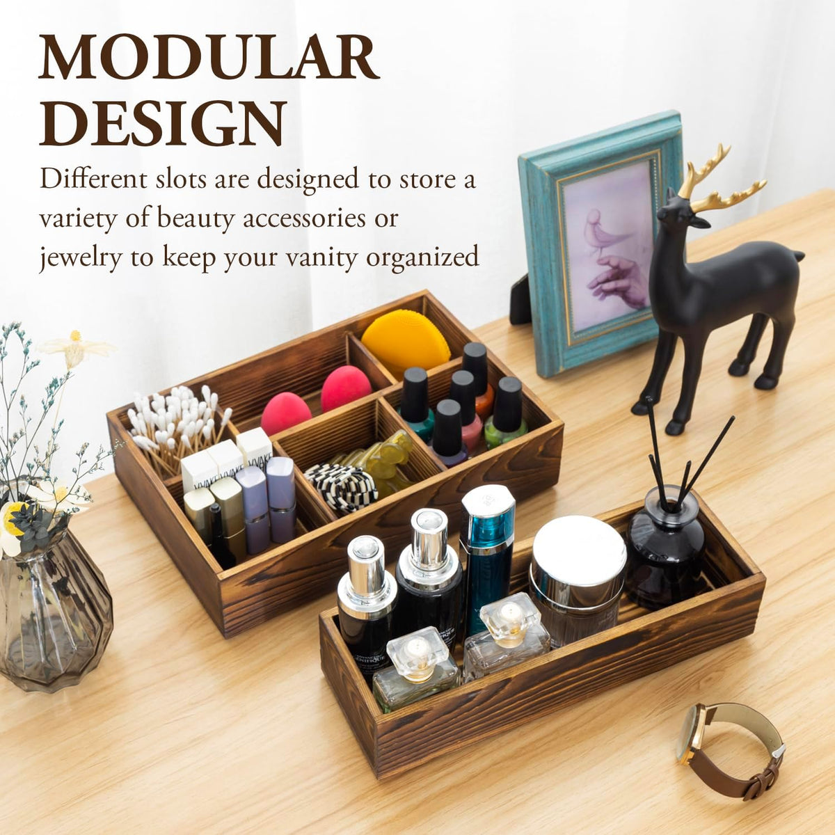 MyGift Counter Storage Organizer, 2 Tier Rustic Burnt Solid Wood Stackable Modular Vanity Countertop Storage Organizer Trays, Decorative Bathroom Makeup Cosmetic Box, 2 Piece Set