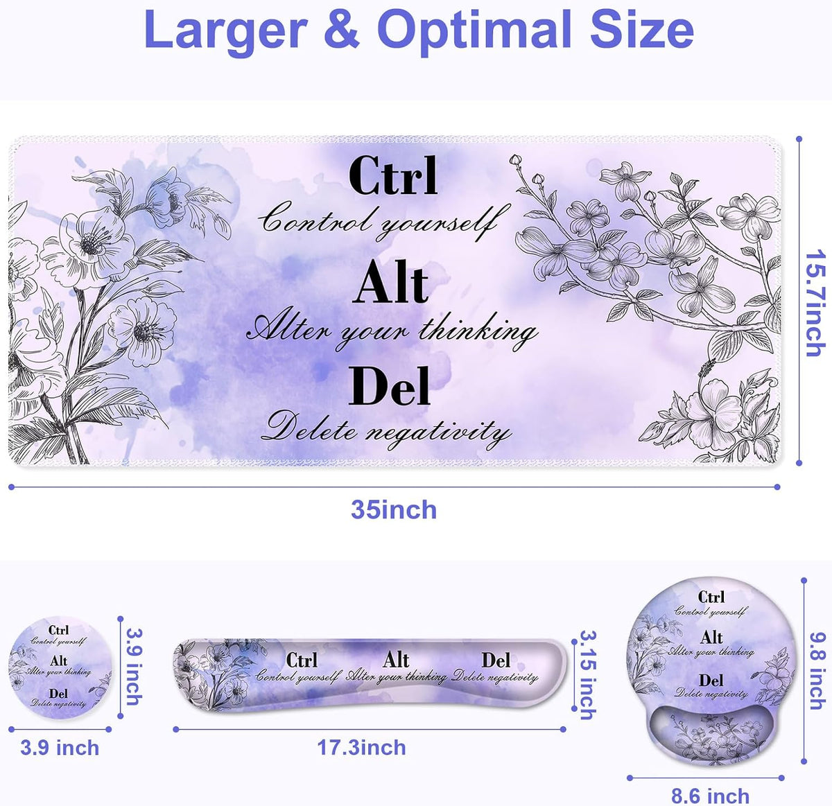 Mouse Pad, 4 in1 Large Desk Mat, Desk Pad Matt for Desktop, Anti-Slip XXL Big Computer Ergonomic Mousepad with Wrist Support for Keyboard and Mouse for Women I Purple Positive Quotes