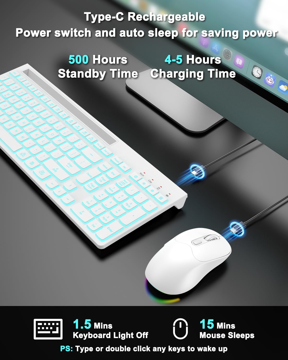 Wireless Keyboard and Mouse Combo, 7 Backlit Effects, Light Up Letters