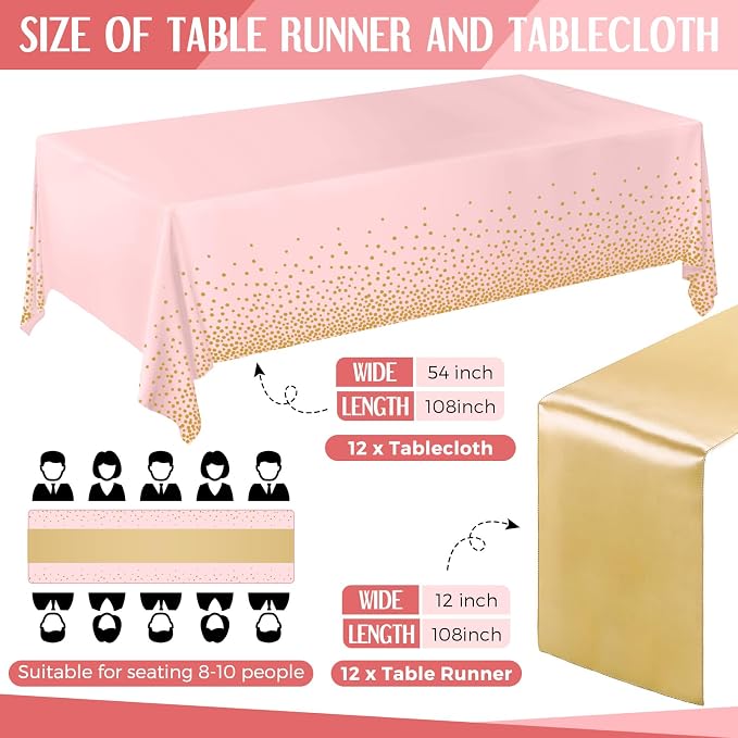 24 Pack Pink and Gold Disposable Plastic Tablecloths and Satin Table Runner Set