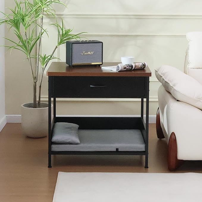 Multi-Functional Dog Bed End Table with Storage Drawer, Open Design Pet Bed with Removable Washable Cushion, Comfortable Resting Spot for Small & Medium Dogs, Indoor Use