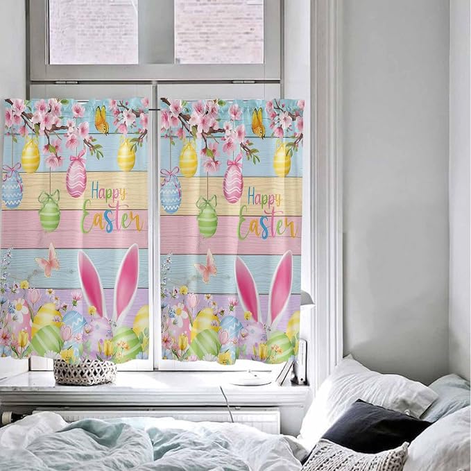 Colorful Easter Kitchen Curtains 45 Inches length, Spring Watercolor Bunny Egg