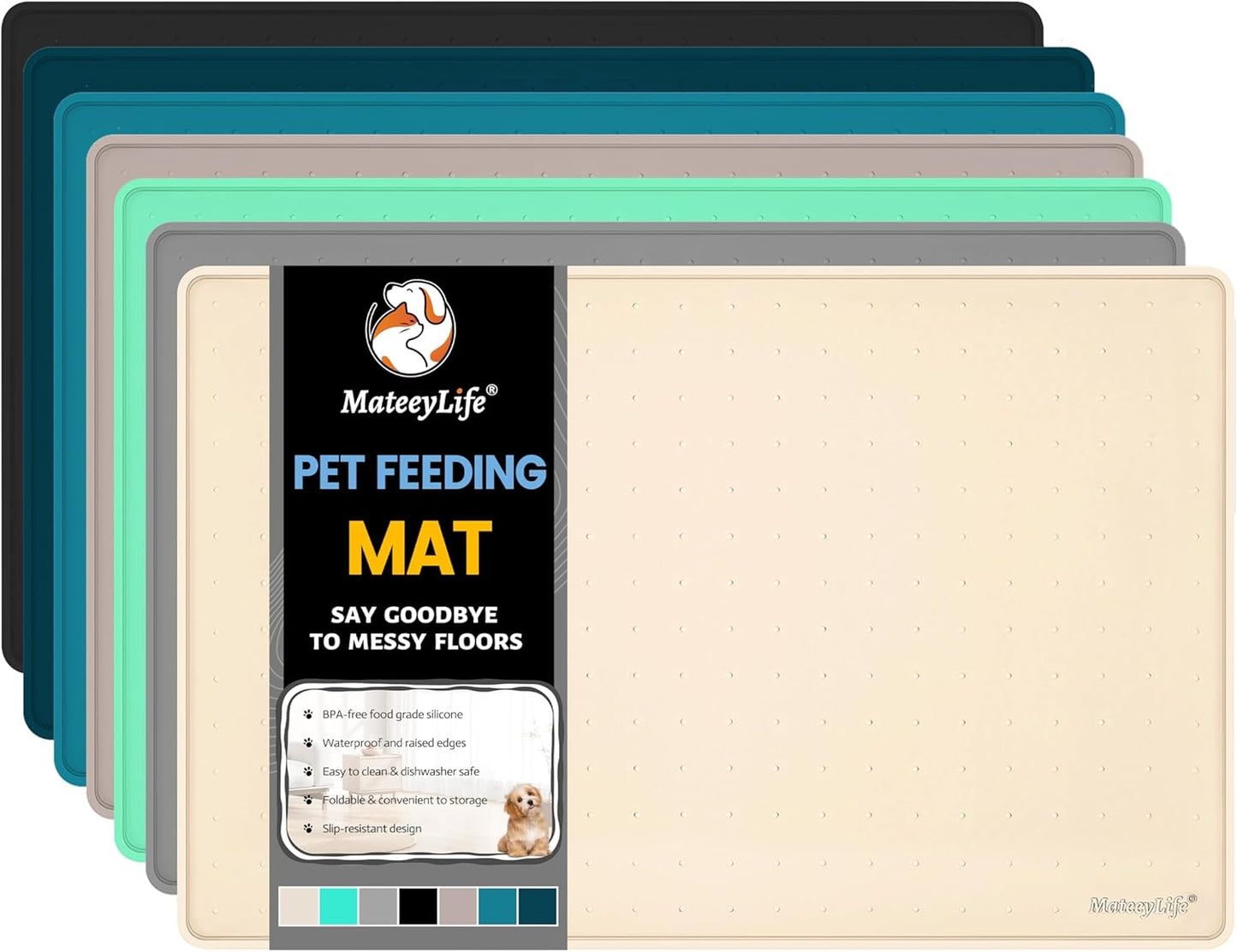 MateeyLife Dog & Cat Food Mat for Floors Waterproof, Nonslip Pets Bowl Mats for Dining and Drinking, Dogs Feeding Mats with Raised Edges, Silicone Cats Matt Tray for Messy Drinkers, 24"x16", Beige