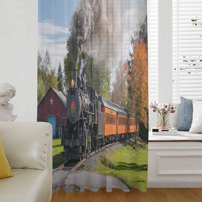 Steam Train Sheer Curtains 108 Inch Length Railroad Country Barn Rustic Trees