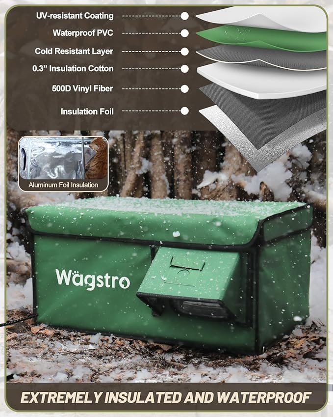 Heated Cat House for Outside, Waterproof Awning & Escape Door Heated Cat Houses for Indoor/Outdoor Cats in Winter, Elevated & Insulated Outdoor Cat Shelter for Feral Cat(Green, 25.2"x16.5"x12.2")