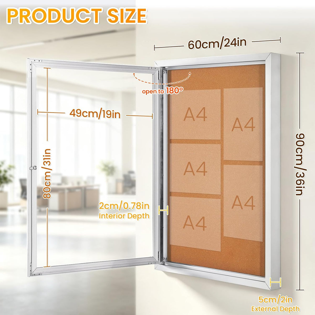 36x24 in Outdoor Bulletin Board Weatherproof Display Corkboard, Silver