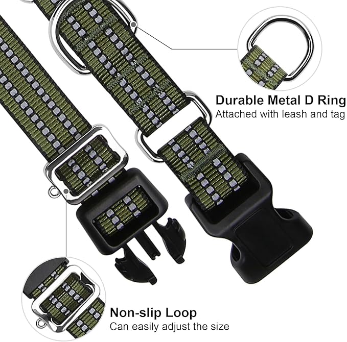 Martingale Dog Collar, Adjustable Nylon Reflective Collar with Quick Release Buckle (Forest Green, Large)