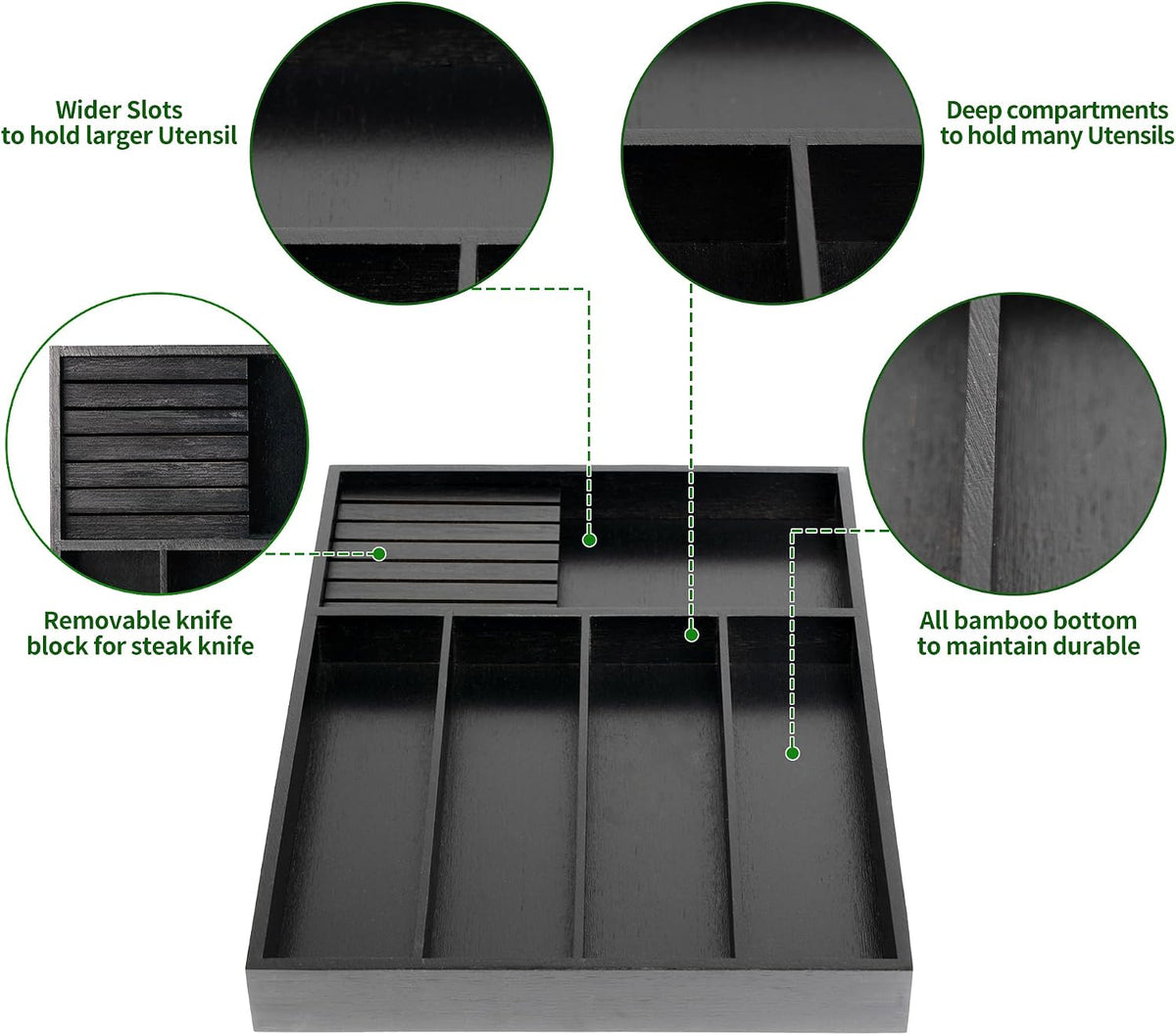 VaeFae Bamboo Silverware Drawer Organizer, 5 Slots, Black