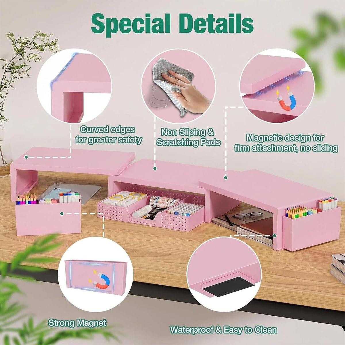 OPNICE Desk Organizer and Accessories, Computer Monitor Stand Riser with Drawer and 2 Pen Holders, Laptop Stand, Office Desk Accessories for Office Supplies, Pink