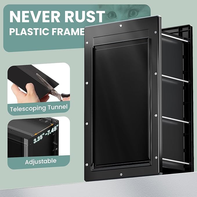Durable Frame 3-Flap Insulated Wall Dog Door, Extreme Weather Medium Doggie Door for Wall, Never Rust Plastic Wall Pet Door, Telescoping Tunnel, 2 Magnetic Flaps, for Pet Up to 45lb