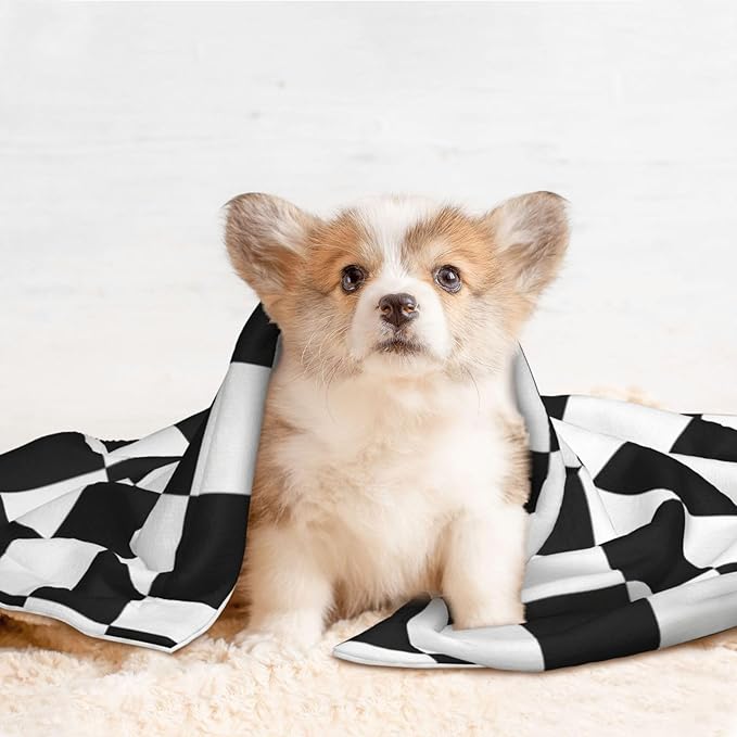 Double Sided Plush Pet Blanket with Cozy Dot Texture and Smooth Reverse, Checkered Race Waving Flag, Reversible Throw for Dogs Cats on Couches Beds Crates