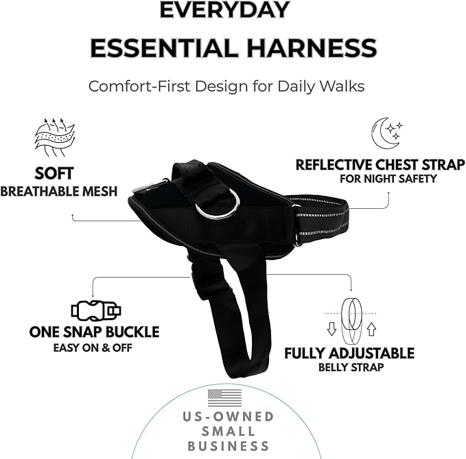 ShawnCo Essential Dog Harness, No-Pull Pet Vest with 3 Leash Clips, No Choke, Reflective, Adjustable and Padded, for Easy Walking and Training for Small, Medium and Large Dogs (Midnight, L)