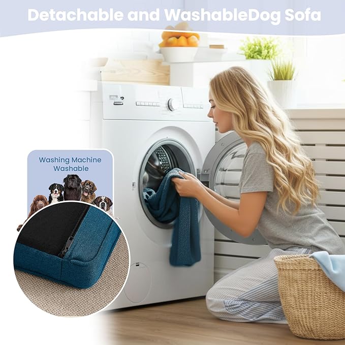 Elevated XL Large Dog Sofa with Backrest and Armrests, 55" Button Tufted Dog Couch Bed with Soft Cushion for Large Dogs, Stylish Lounging Bed Pet Couch Chair, 120Lbs Weight Capacity, Dark Blue