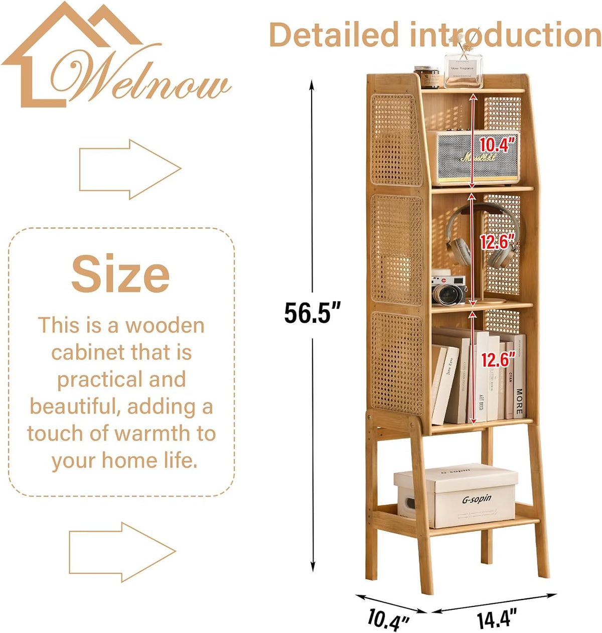 Welnow Bamboo Rattan Bookcase with Cabinet，4-Tier Wicker Bookshelf,Natural