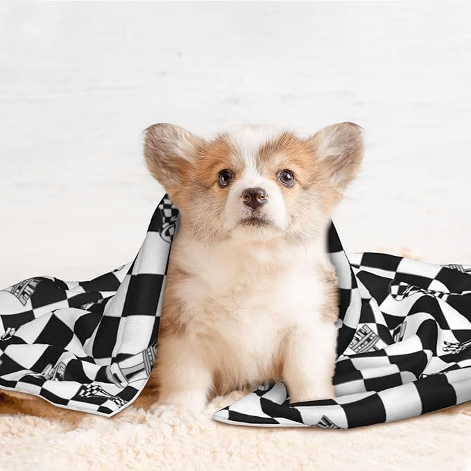 Two Sided Plush Pet Blanket for Crates Carriers Home Use, Checkered Race Waving Flag, Reversible Throw with Cozy Dot Fabric and Silky Reverse for Small Large Pets
