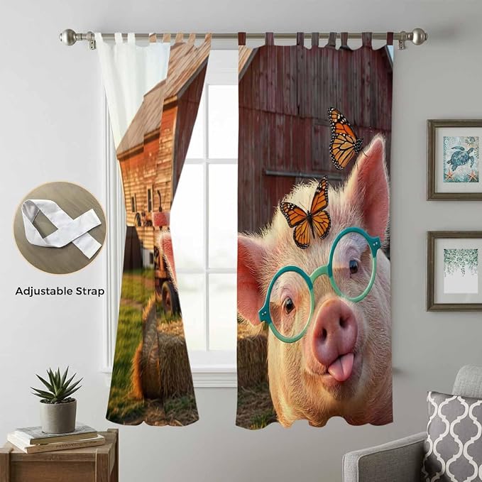 Farm Pig Living Room Curtains 96 Inch Length, Window Curtains Tab Top,
