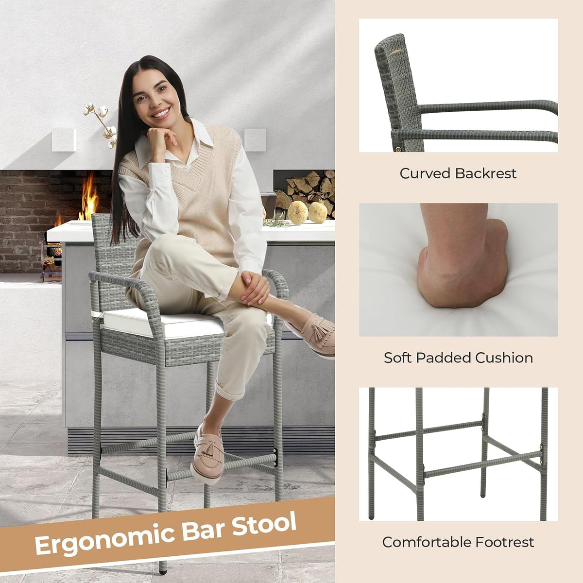 COSTWAY Patio Wicker Bar Stools Set of 2 with Cushions, Armrests, Footrests