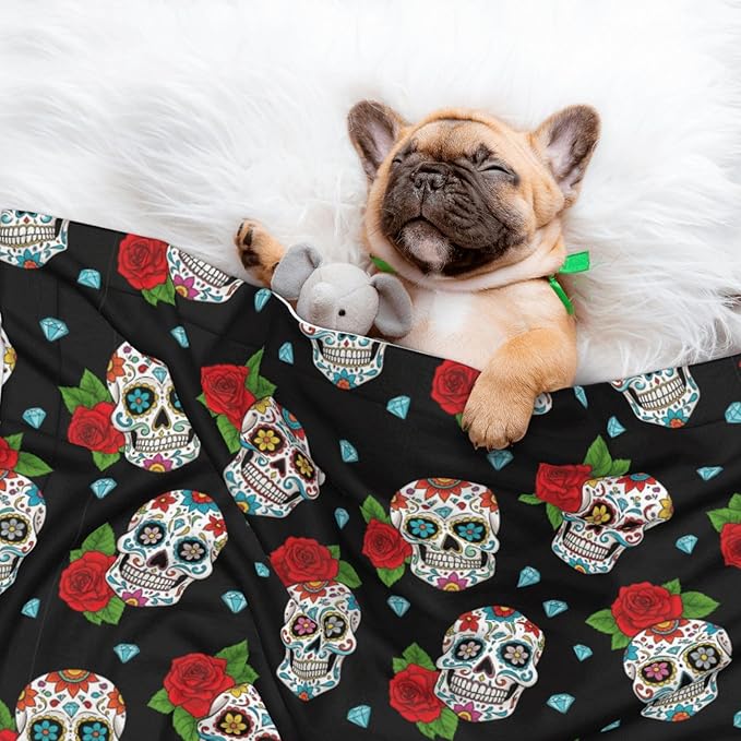 Dog and Cat Blanket in One, Floral Rose Flowers Day of The Dead Sugar Skulls, Double Sided Plush Throw with Raised Dot Pattern on One Side and Flat Velvet on Other for Variety