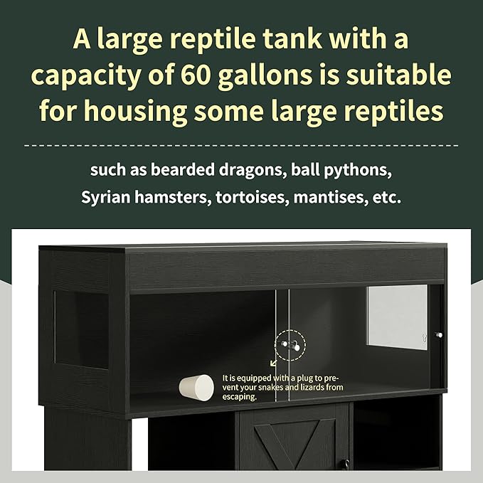 60 Gallon Reptile Tank with Stand, Terrarium Tank with Storage Cabinet, for Lizards, Skinks, Snakes, Sliding Acrylic Doors, Mesh Top, Built-in Power Outlet Black PX02RTB