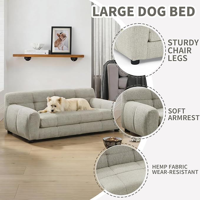 38" Pet Sofa Couch for Small and Medium Dogs, Soft Foam Cushion Dog Couch with Backrest & Armrests, Short Leg Stable Design, Durable Linen Fabric Pet Bed, Modern Style